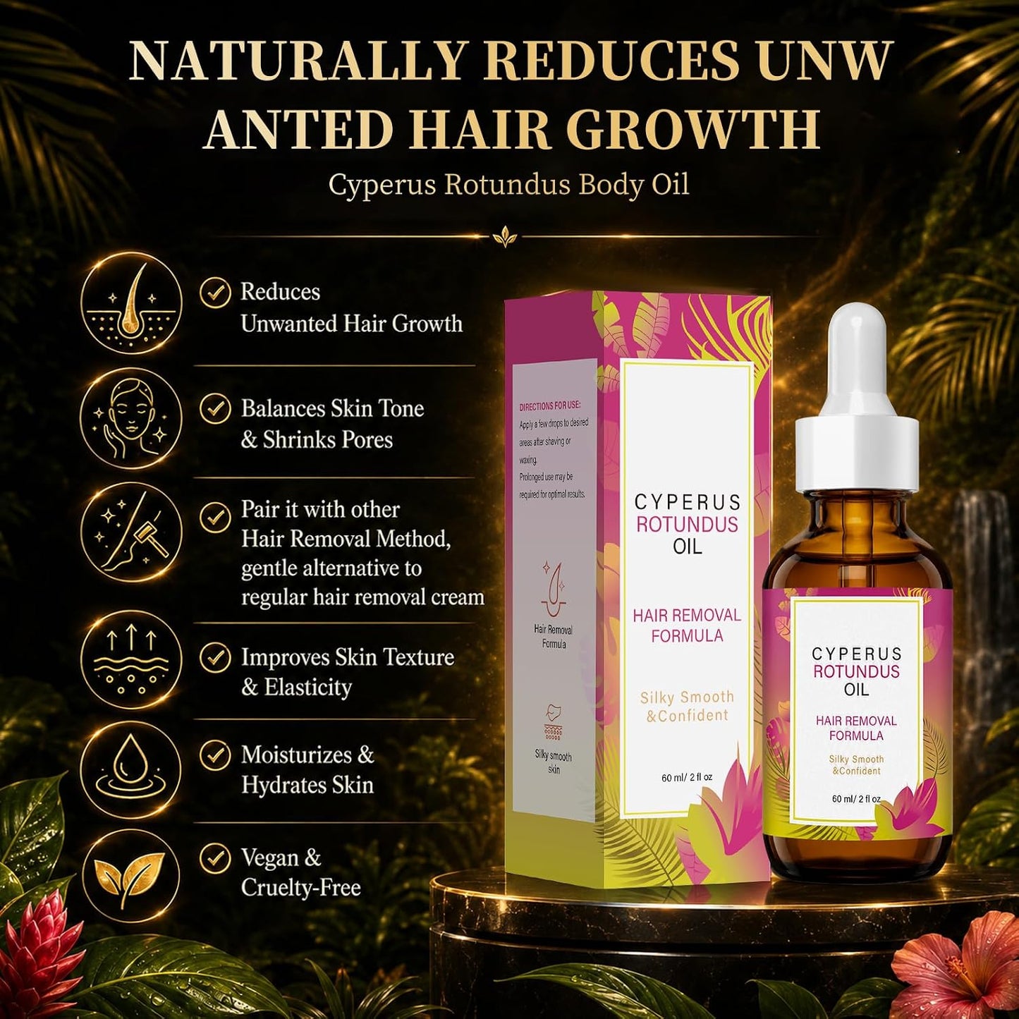 Natural Cyperus Rotundus Body Oil 60ml - Post-Shave & Post-Wax Moisturizer with Jojoba, Rosehip & Sweet Almond | Reduces Unwanted Hair Regrowth Appearance | Silky Smooth Skin for All Types