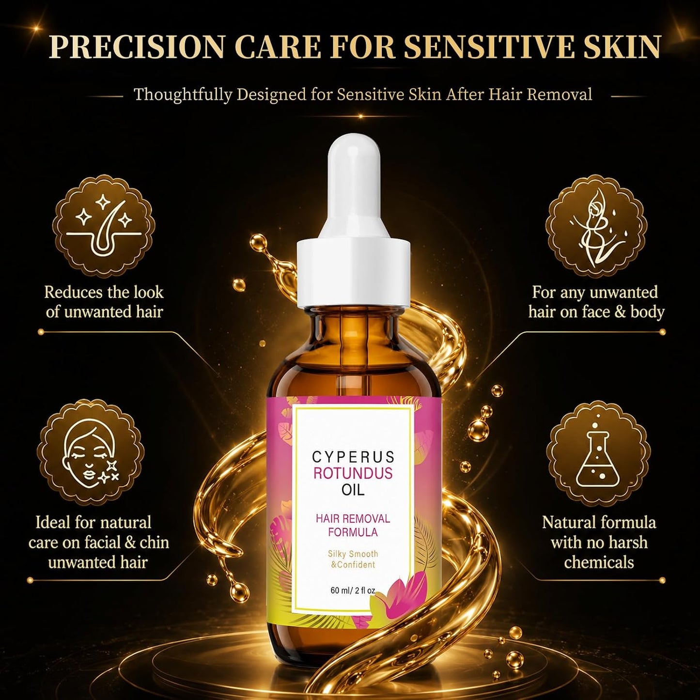 Natural Cyperus Rotundus Body Oil 60ml - Post-Shave & Post-Wax Moisturizer with Jojoba, Rosehip & Sweet Almond | Reduces Unwanted Hair Regrowth Appearance | Silky Smooth Skin for All Types