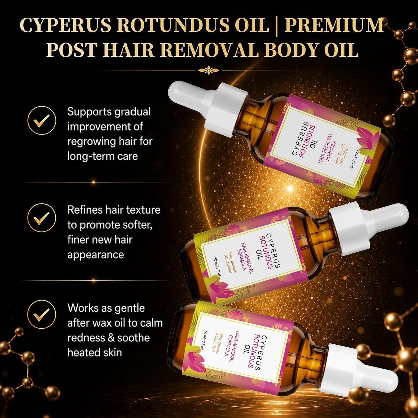 Natural Cyperus Rotundus Body Oil 60ml - Post-Shave & Post-Wax Moisturizer with Jojoba, Rosehip & Sweet Almond | Reduces Unwanted Hair Regrowth Appearance | Silky Smooth Skin for All Types